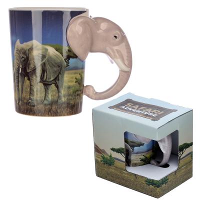 Keraminė puodelis su „Elephant Savannah“ lipduku ir figūrine rankena