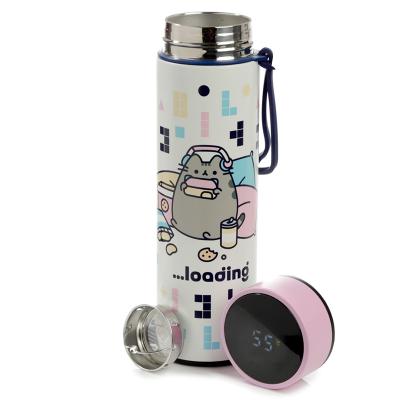 Pusheen Cat Gamer Girl daugkartinis izoliuotas gėrimų butelis su skaitmeniniu termometru, 450 ml