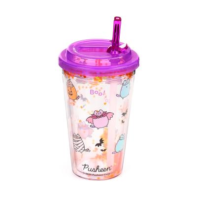 Nedūžtantis Pusheen the Cat Helovino dvigubų sienelių puodelis su dangteliu ir šiaudeliu