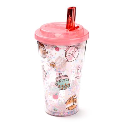 Nesudužtanti „Pusheen Sips“ dvigubų sienelių stiklinė su dangteliu ir šiaudeliu